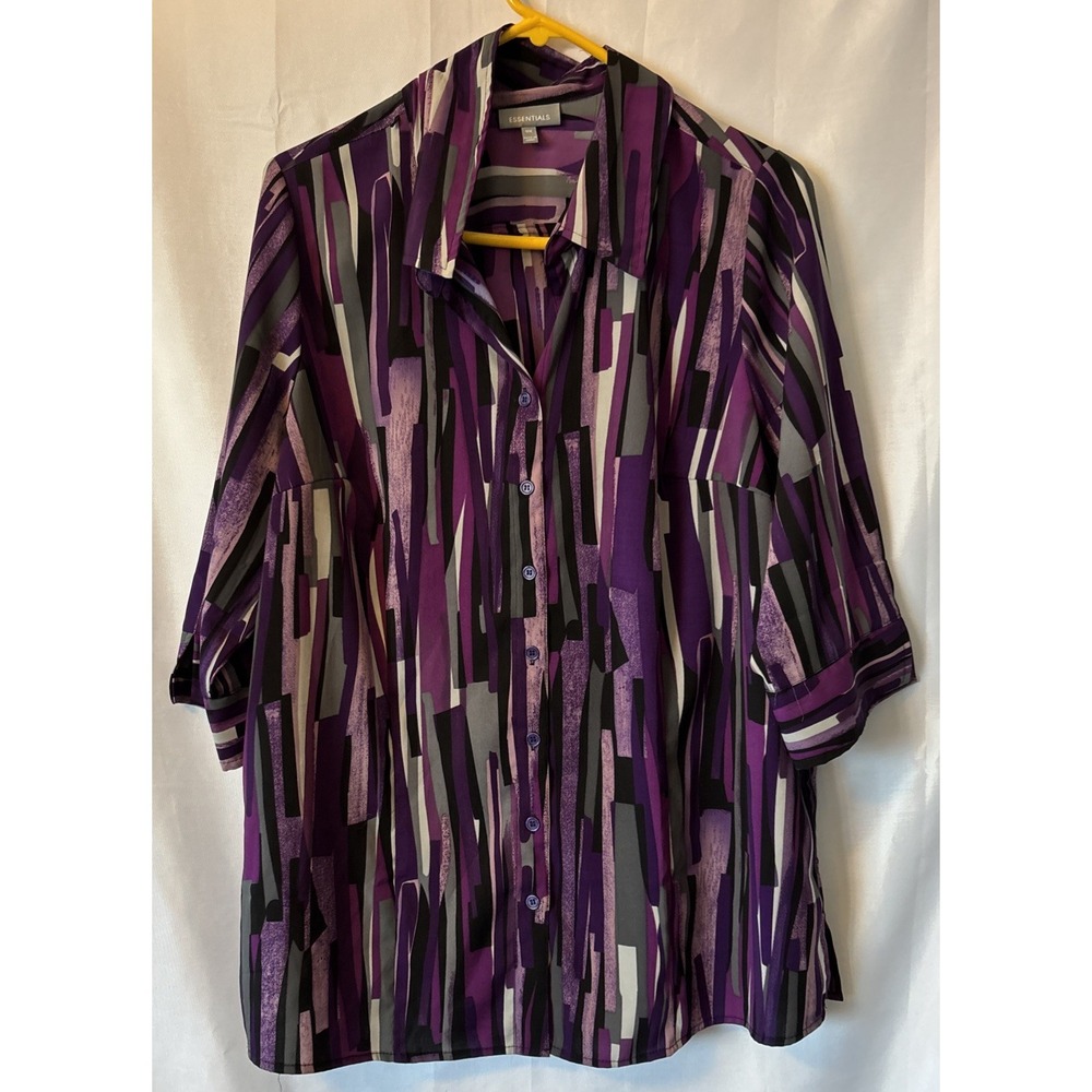 Essentials Block Striped 3/4 sleeve Button Up Purple-gray blouse Size‎ 0X